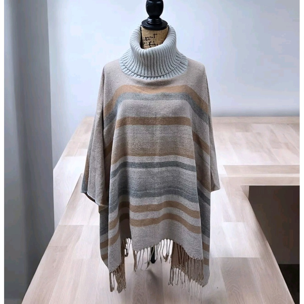 Vince Camuto Poncho Tan Turtleneck Boho Chic Earth Tone Stripes w Fringe One Sz